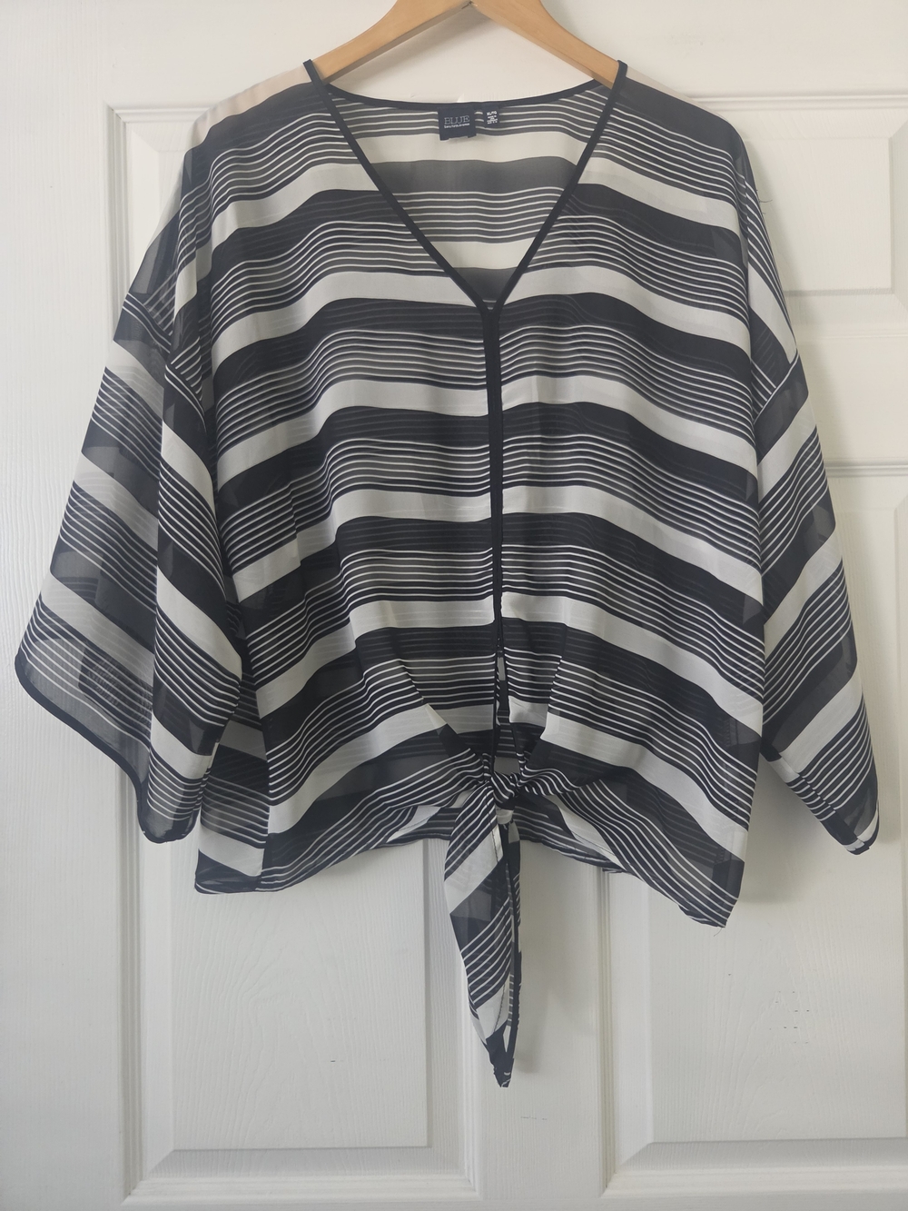 Saks Fifth Avenue Striped V-Neck Sheer Top - Black & White Women's XL
